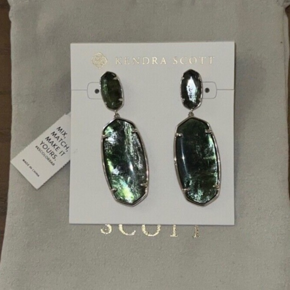 Kendra Scott Elle Custom Statement Earrings Silver & Green Sage Mica NEW - Picture 2 of 6